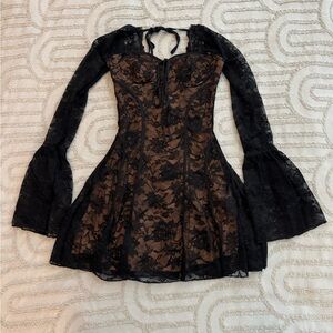 SHEIN Black and Brown Lace Long Sleeve Dress